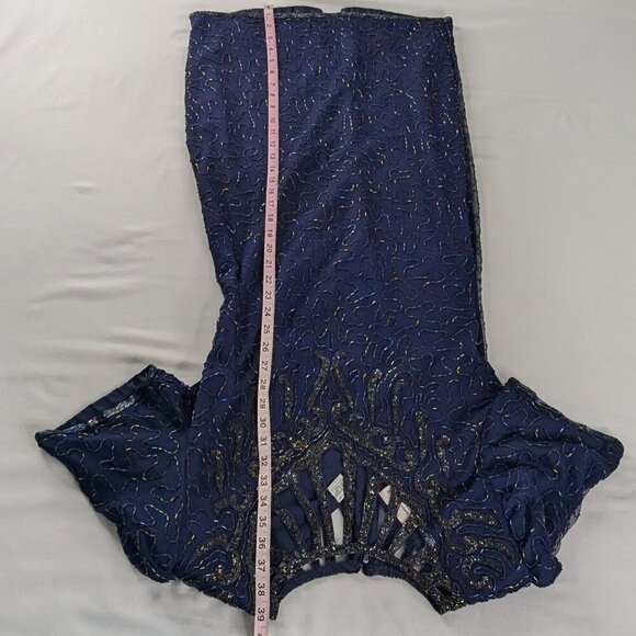 VTG Blue Silver Silk Beaded Short Sleeve Detailed Neckline Formal Evening Dress - Picture 3 of 7